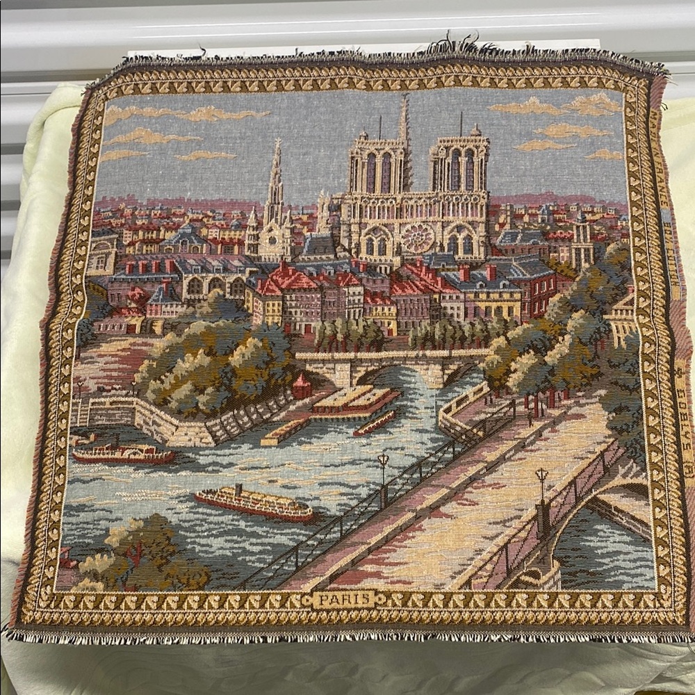 Goblys Paris Seine & Notre-Dame Cathedral Woven Tapestry Wall Decor 18x18” NWT